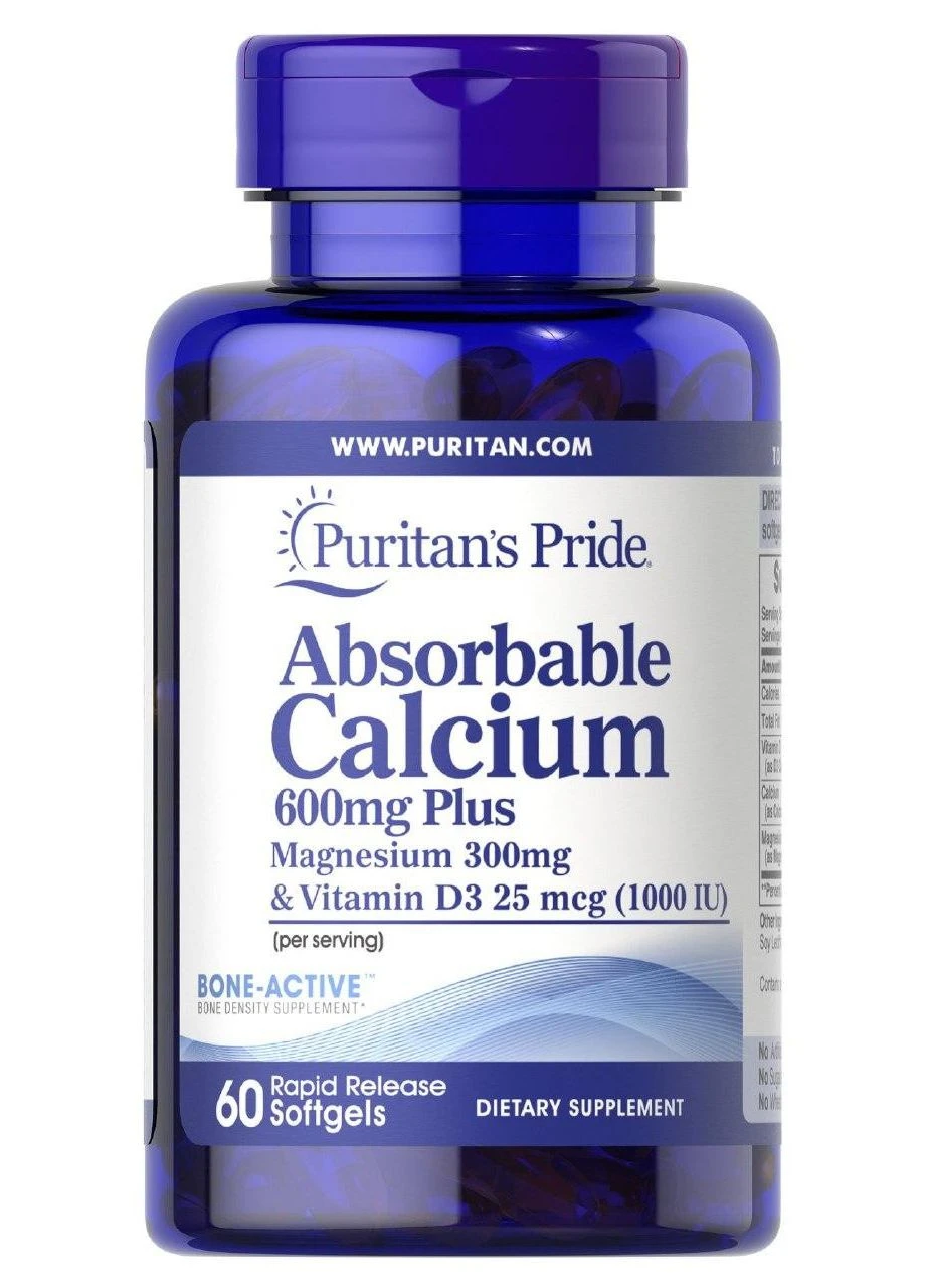 Кальцій плюс магній і вітамін D3 Absorbable Calcium plus Magnesium with Vitamin D3 60 капсул Puritans Pride (380977401)