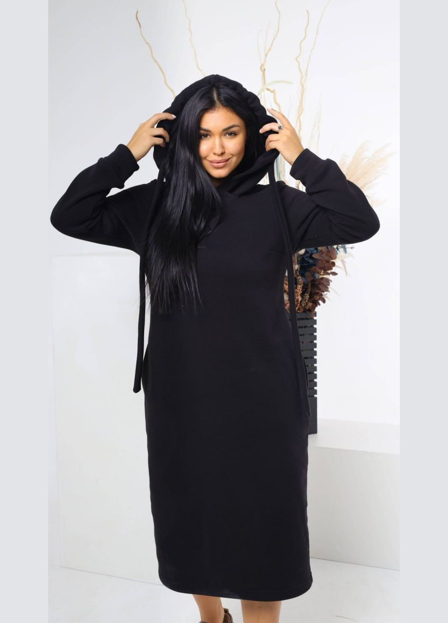 Чорна повсякденний, кежуал, джинсова тепла жіноча сукня з начесом з капюшоном InFashion однотонна