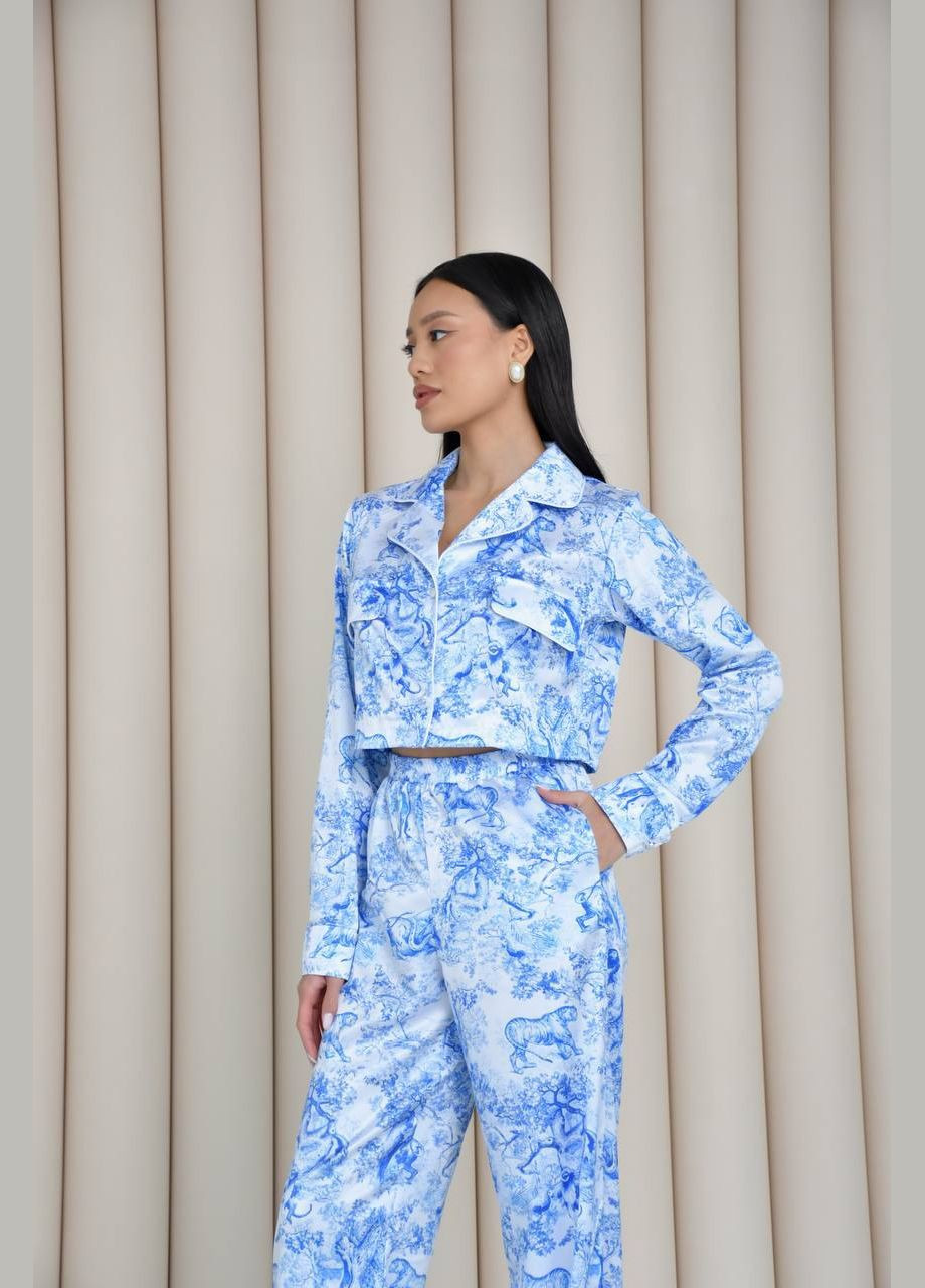 Жіночий костюм з кроп-топом та широкими штанами зі штучного шовку MonCher (334676406)