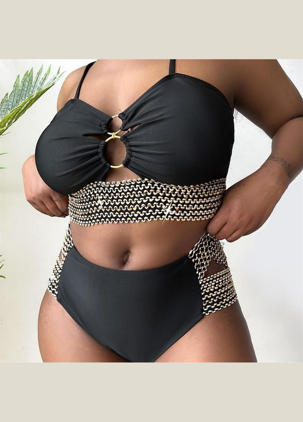 Черный летний женский купальник раздельный черный с кольцами и золотой отделкой большой размер. раздельный No Brand 5425