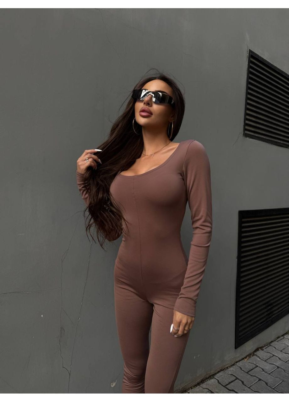 Жіночий комбінезон на флісі No Brand комбінезон-брюки однотонний коричневий спортивний, повсякденний, домашній, кежуал дайвінг, фліс