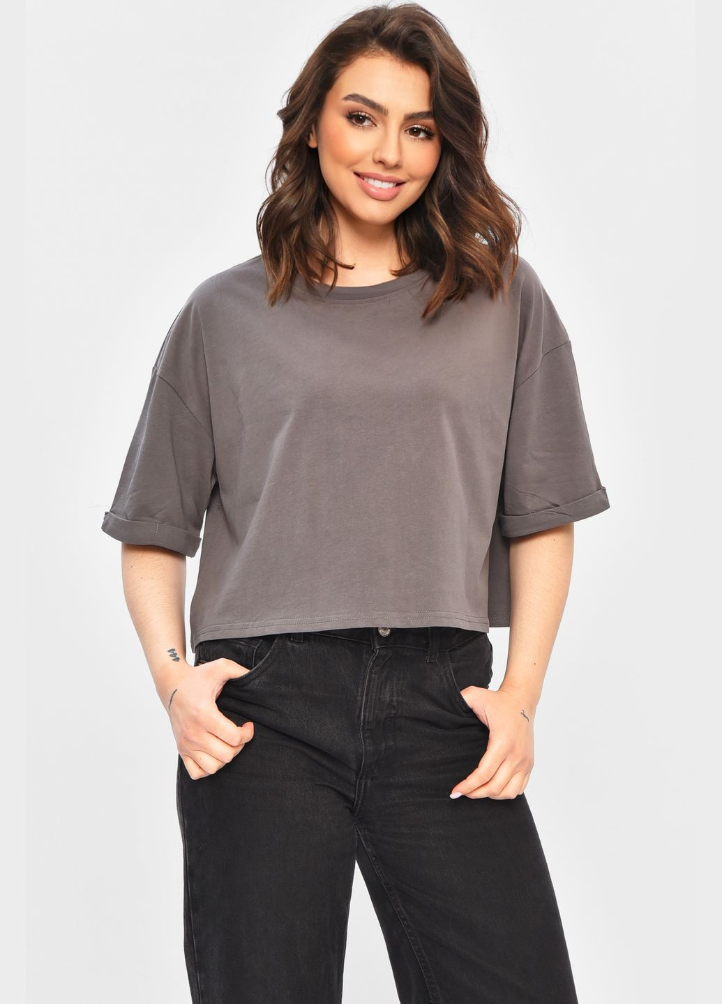 Футболка жіноча однотонна темно-сірого кольору Let's Shop - (332565092)