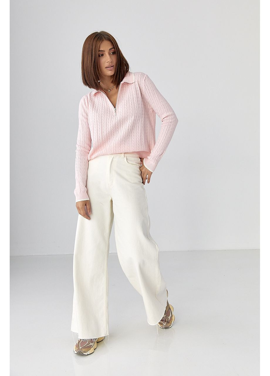 Пудровая женская футболка-вязаное поло с длинными рукавами No Brand однотонная