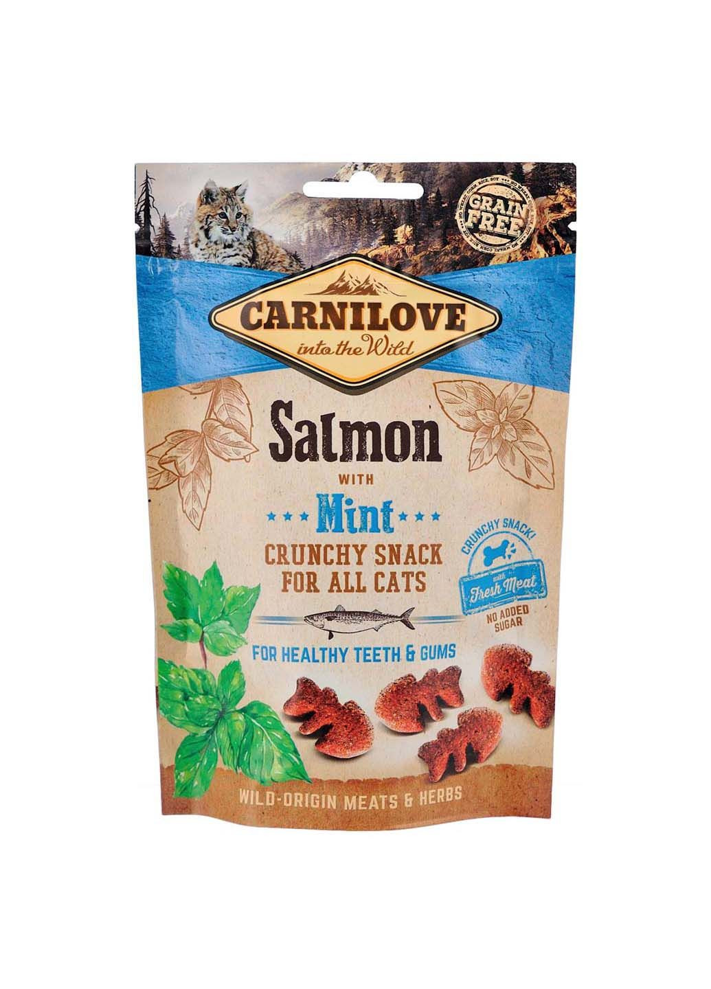 Ласощі для кішок Crunchy Snack з м'ятою лососем і свіжим м'ясом 0.05 кг Carnilove (285779079)