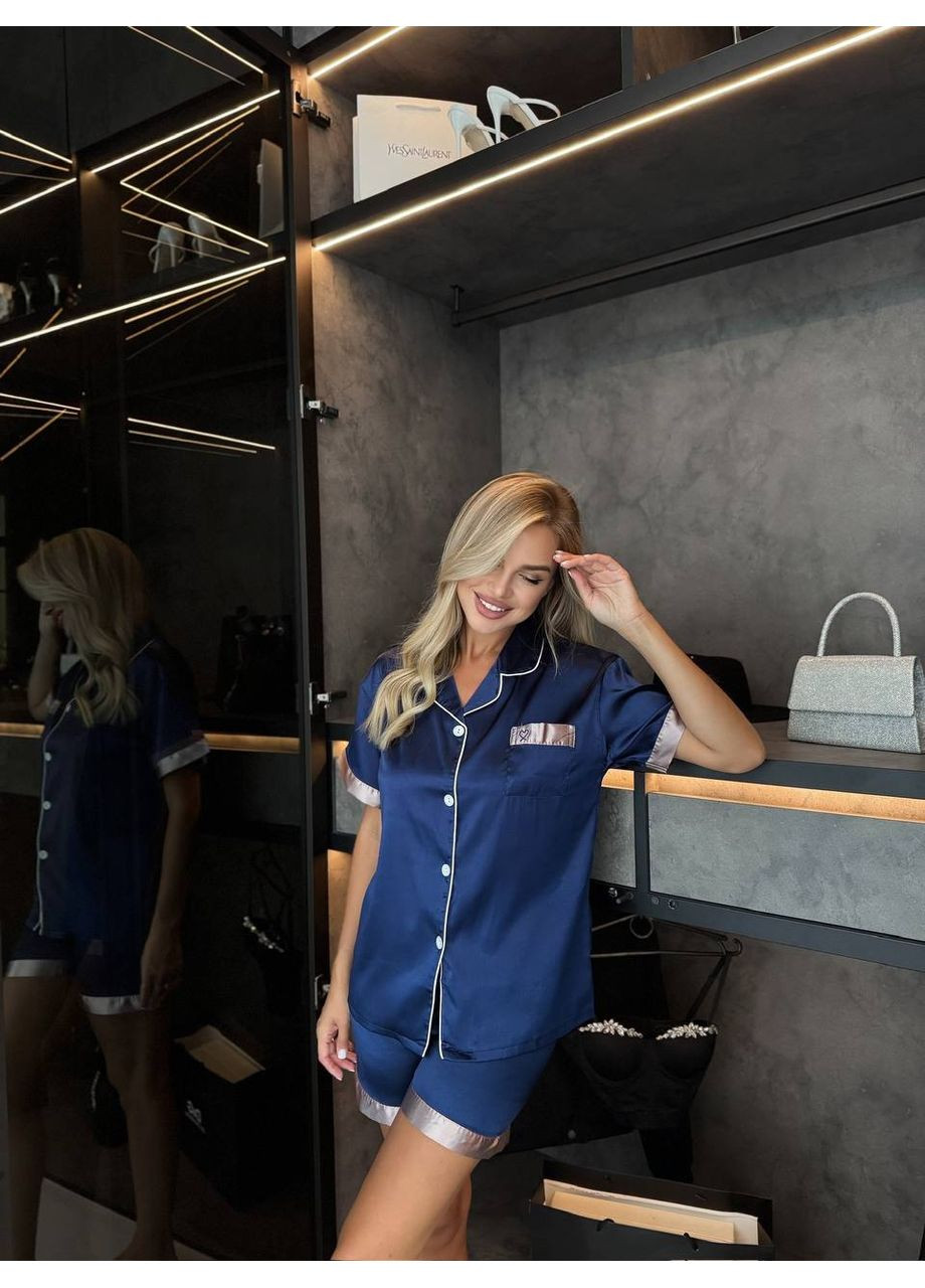 Синя всесезон стильний домашній комплект піжамка сорочка + шорти Vakko