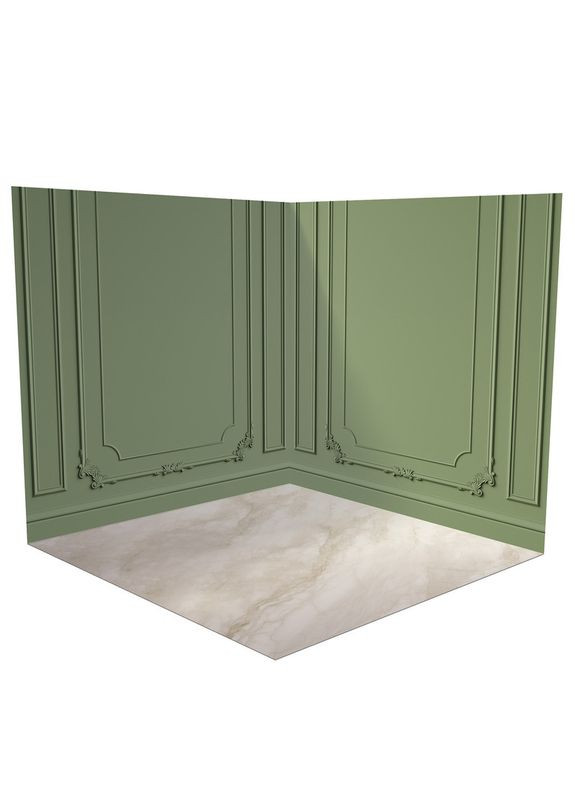 3D угловой виниловый фотофон, оливковая классическая стена, пол бежевый мрамор и белая панель, 80×80 см, №58339 PhotoVinyl (354365661)