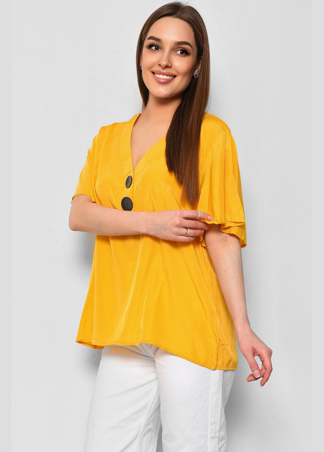 Горчичная демисезонная блуза женская с коротким рукавом горчичного цвета с баской Let's Shop