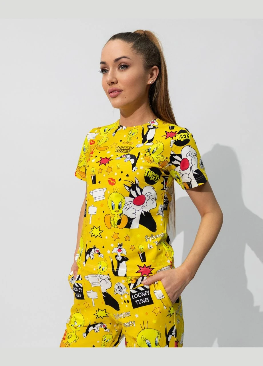 Желтая всесезон пижама женская из кулира футболка и штаны с принтом looney tunes Maybel