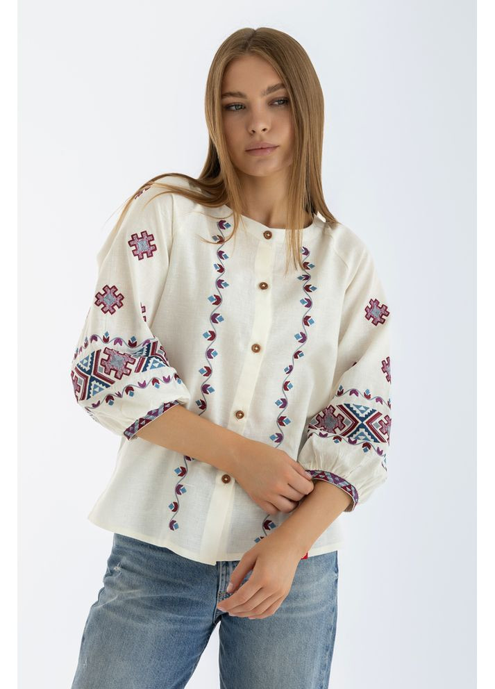 Молочная женская вышиванка из льняного полотна с этнической вышивкой (fm2110) Folk Moda (365729658)