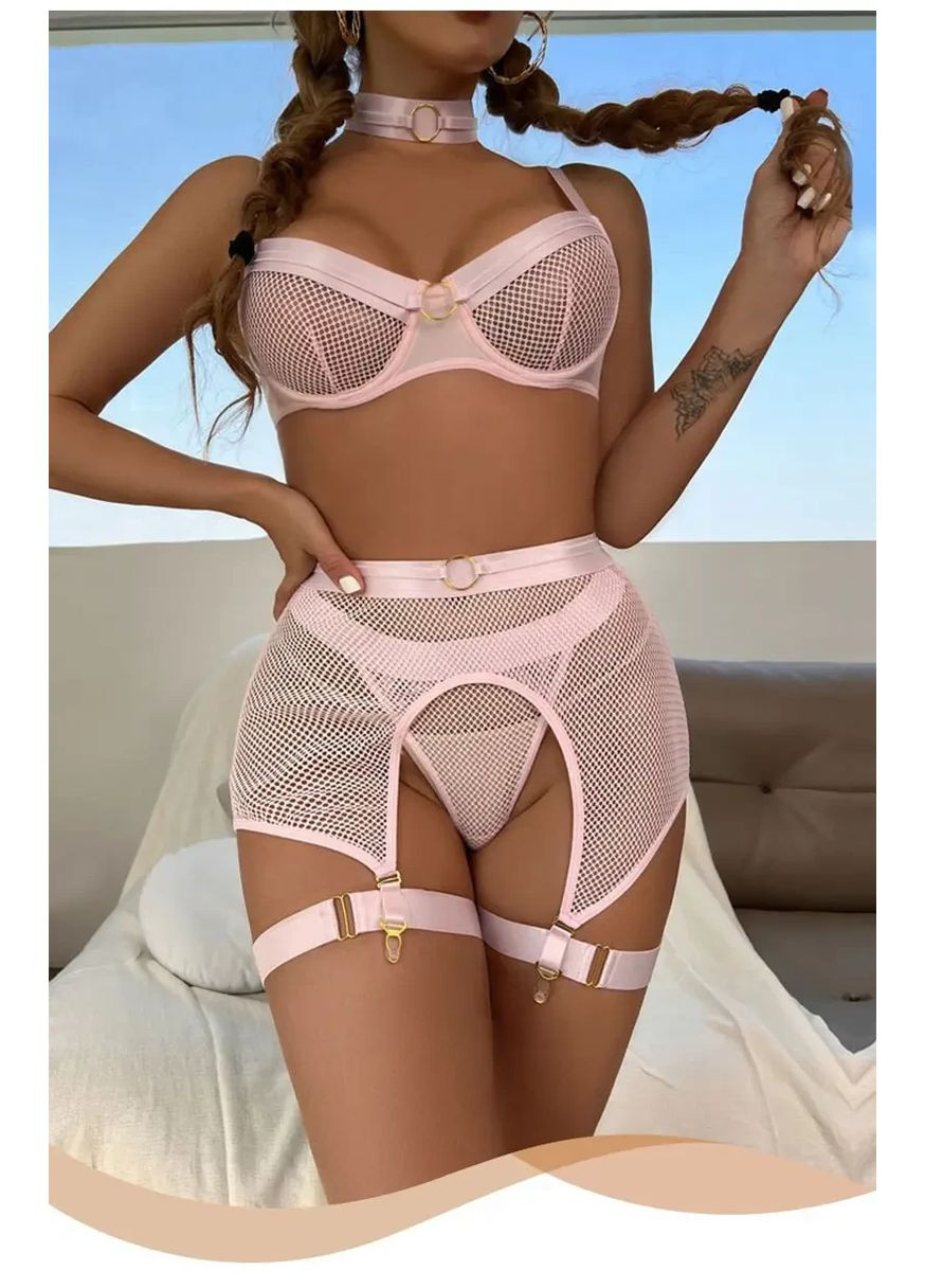Рожевий демісезонний мереживний комплект с поясом. жіноча спідня білизна з широким поясом, чокером і гартерами. прозора спідня білизна No Brand