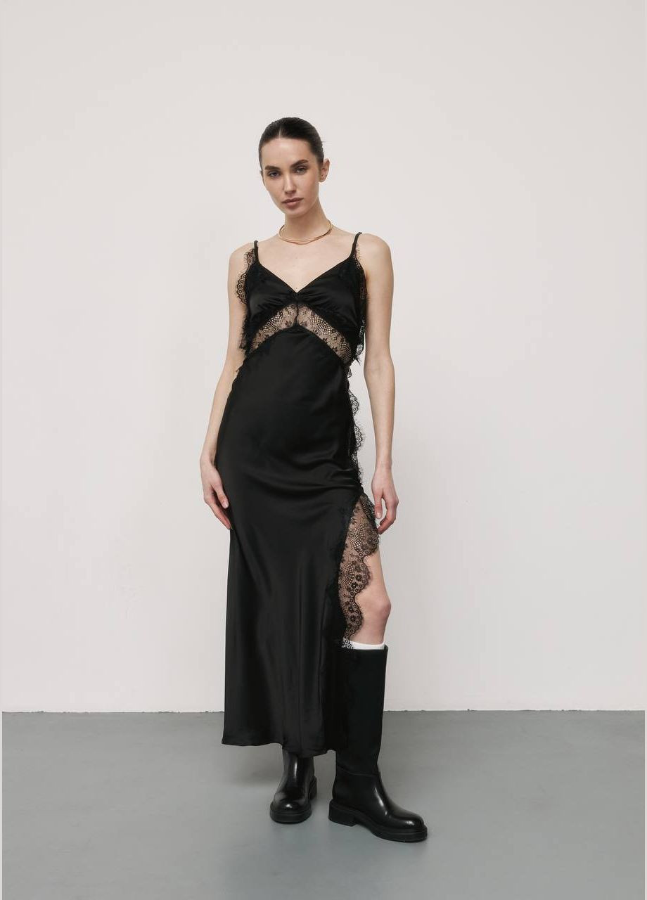 Черное вечернее длинное платье-комбинация с кружевом ZF inspire однотонное