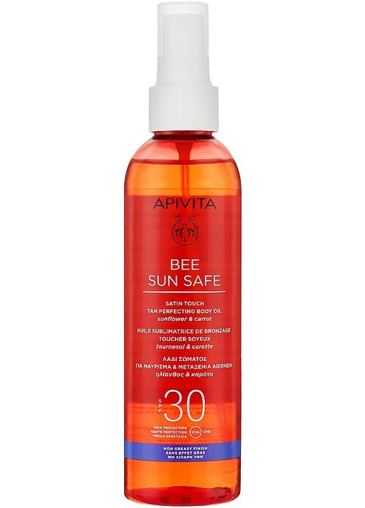 Олія для засмаги й шовковистості SPF30 Bee Sun Safe Satin Touch The Perfecting Body Oil SPF30 200ml (910492-124989) Apivita (368659843)