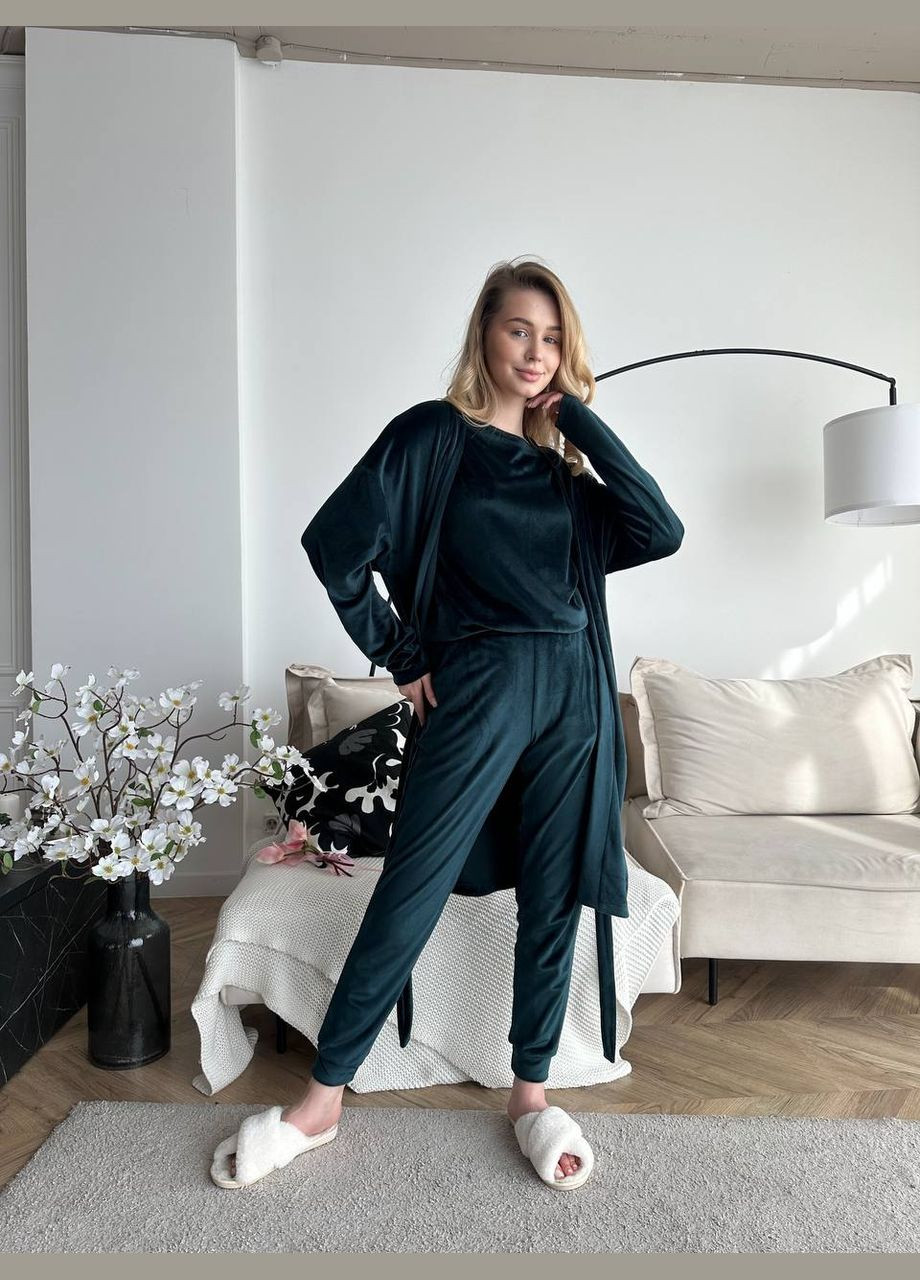 Темно-зеленая всесезон комплект велюровый - халат,футболка,шорты,штаны футболка + шорты + брюки Україна