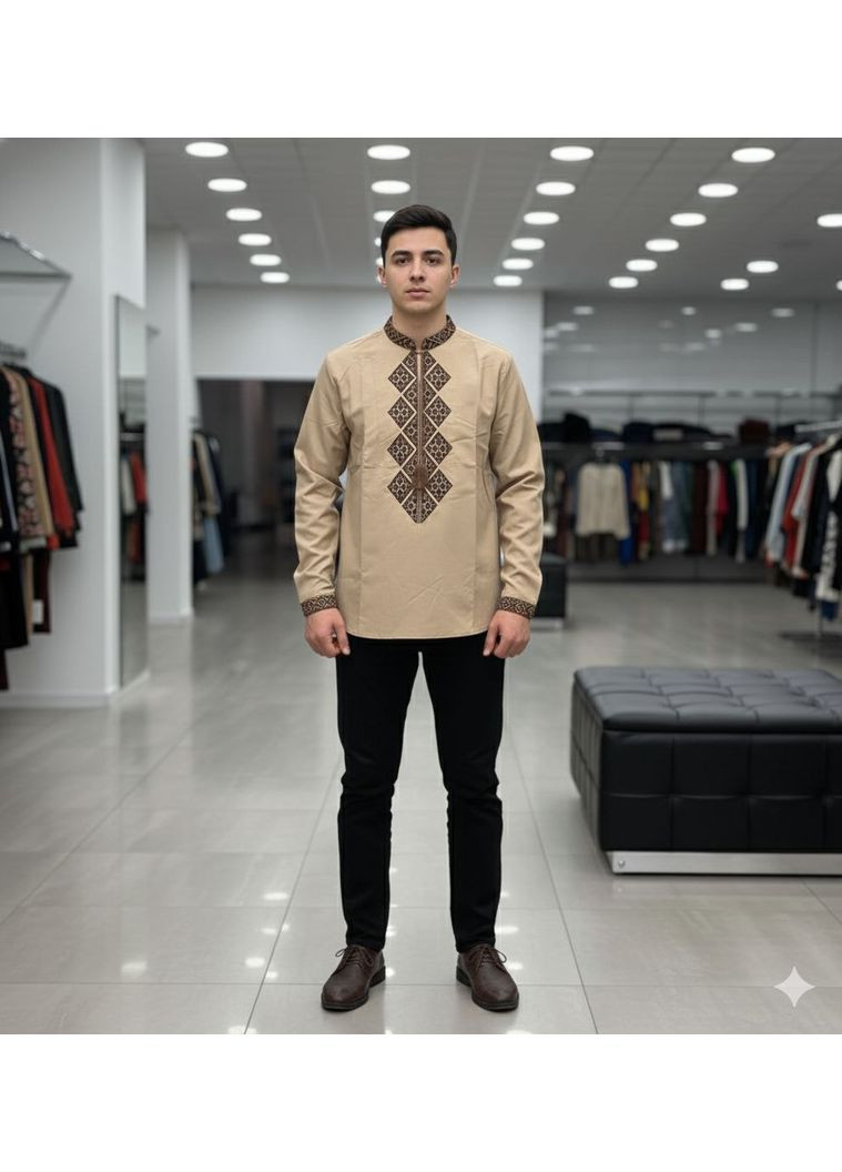 Бежева чоловіча вишиванка традиційна бежева з коричневим ESQ (369003758)