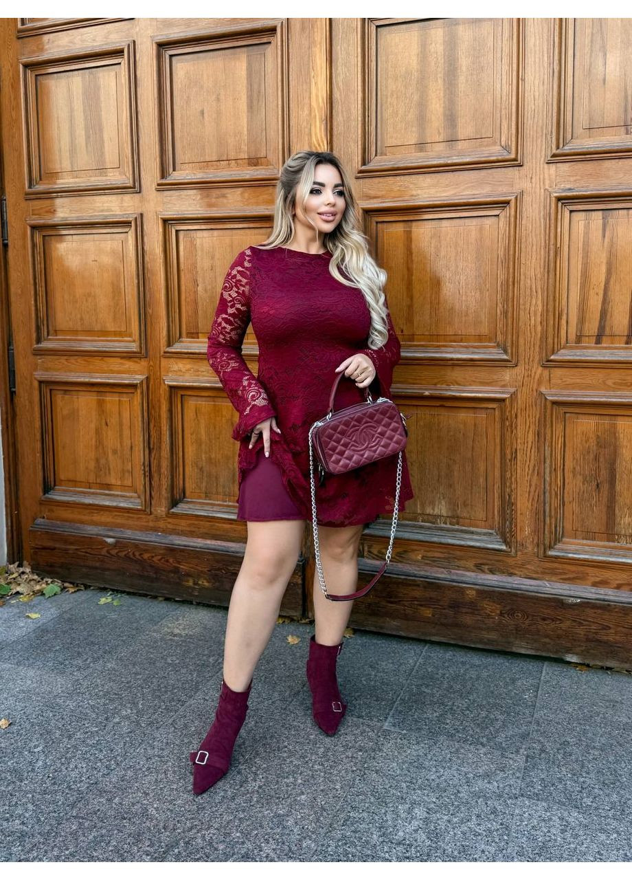 Бордовое праздничный, повседневный, вечернее, деловое, кэжуал женское платье гипюровое больших размеров а-силуэт Style Point однотонное