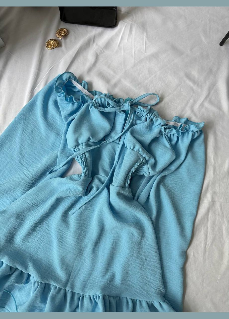 Голубое праздничный, коктейльное, пляжное, повседневный, кэжуал, вечернее платье с воланами на плечи из жатки Vakko однотонное