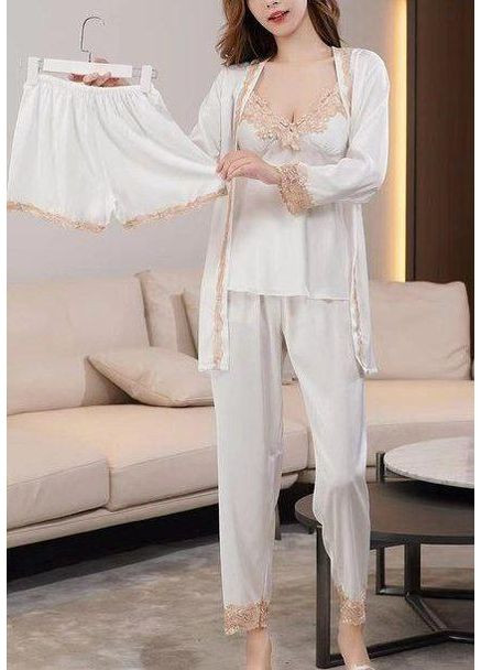 Комбінована всесезон піжамний комплект anna атласний халат + сорочка +топ + шортики + штани. чашечки з поролоном. No Brand