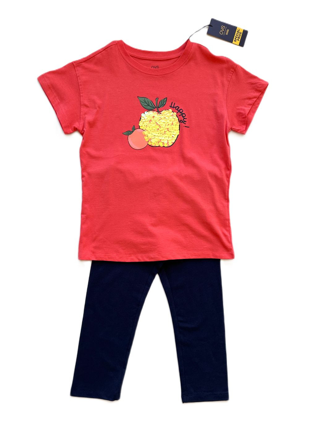 Кораловий літній комплект костюм для дівчинки футболка коралова з яблуком + велосипедки темно-сині 2000-46 (140 см) OVS