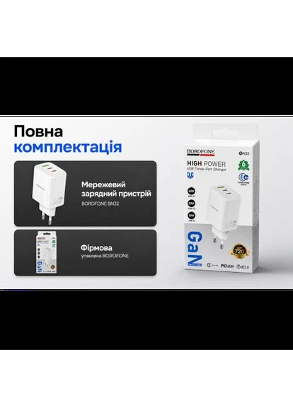Мережевий зарядний пристрій BN32 USB-C1:65W, USB-C2?20W, USB-A?18W White Borofone (392947800)