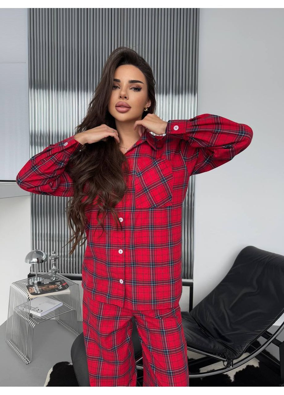 Красная всесезон женская пижама в клетку рубашка + брюки No Brand