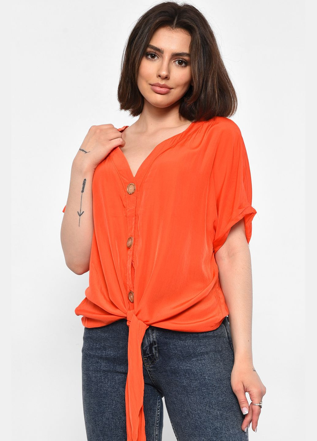 Помаранчева демісезонна блуза жіноча напівбатальна з коротким рукавом помаранчевого кольору з баскою Let's Shop