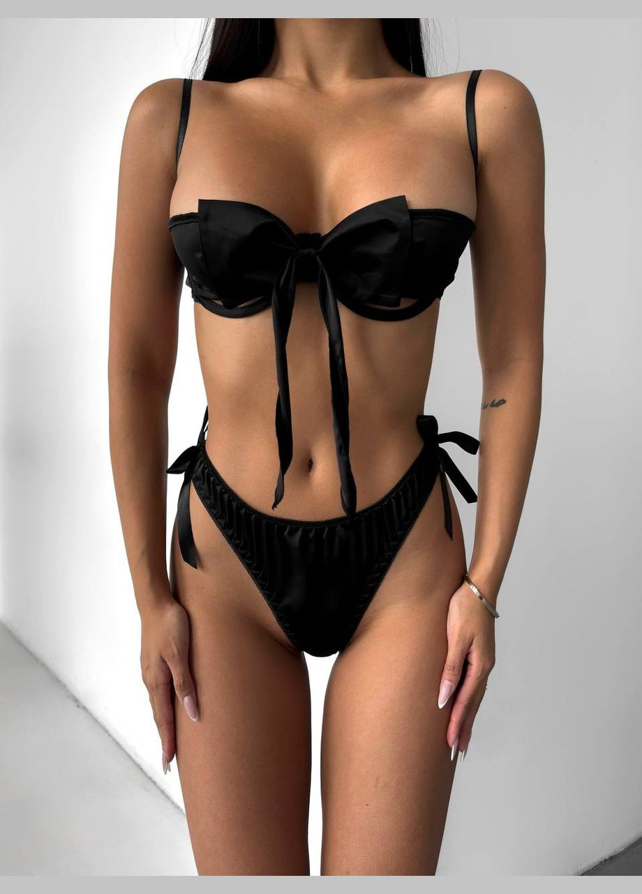 Чорний комплект жіночої білизни атласний з бантом Simply sexy