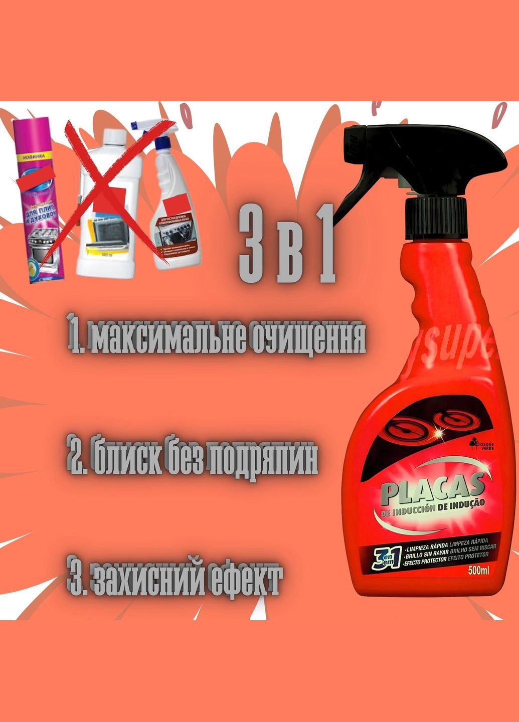 Спрей для чистки индукционных плит 3 в 1 Bosque verde 500 мл.- максимальная очистка, блеск без царапин и защитный эффект Deliplus (317462567)