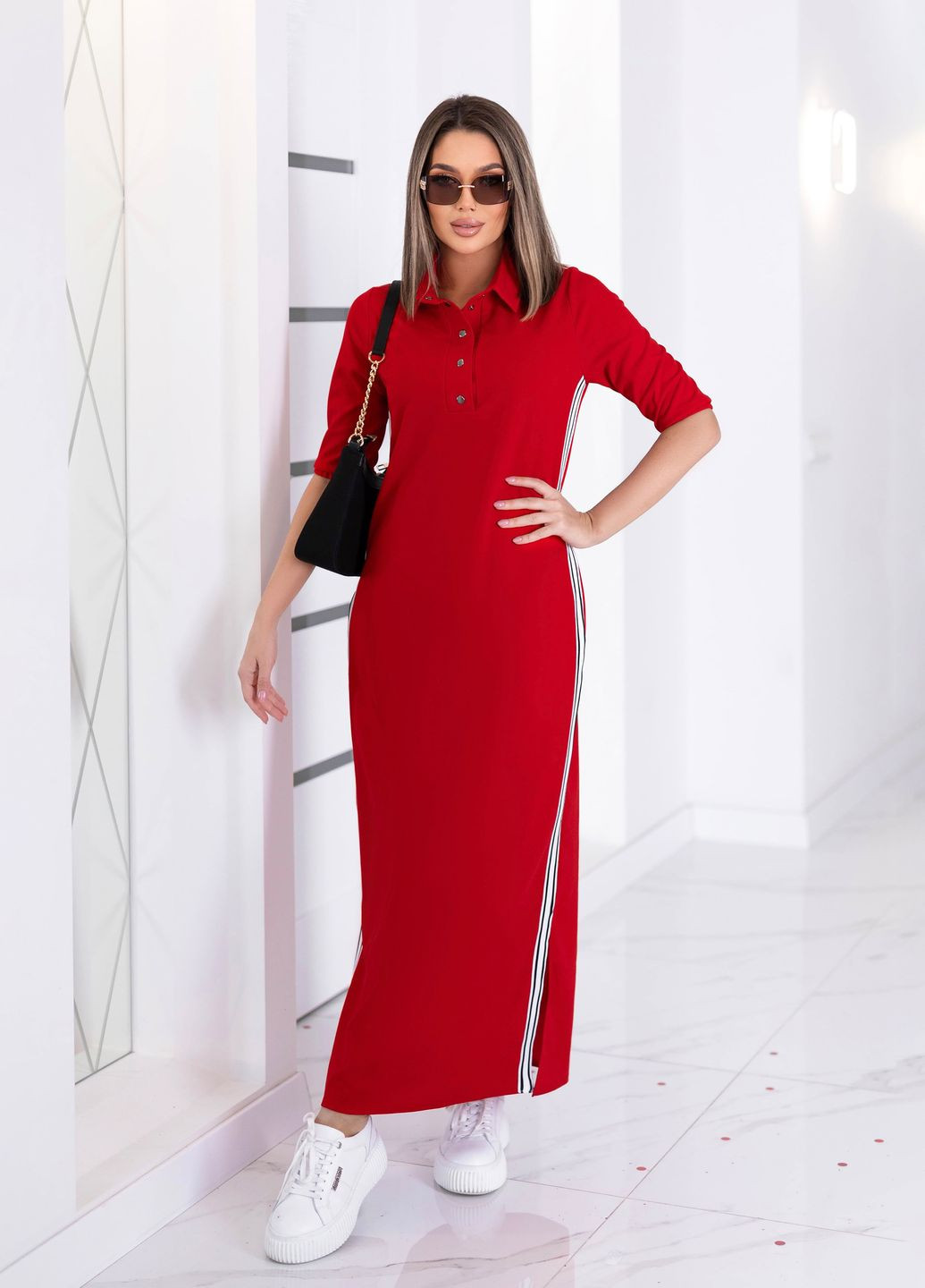 Червона повсякденний, кежуал сукня з лампасами сукня-сорочка, силуетна No Brand однотонна