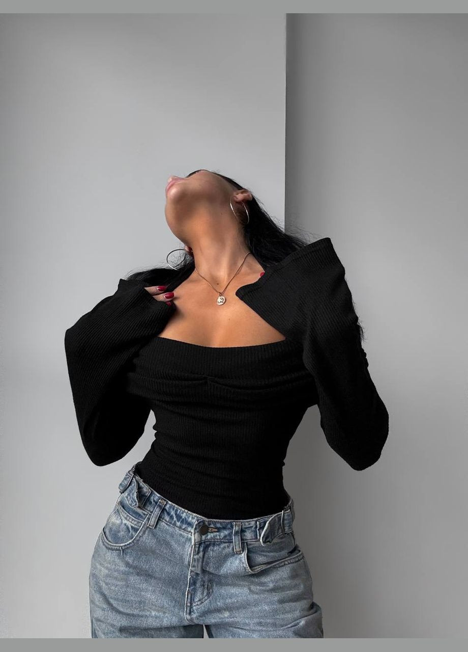 Кофточка черного цвета с открытыми плечами и декольте, идеально сидит по фигуре, ангора рубчик, длинный рукав с воланом No Brand 327 (314745214)