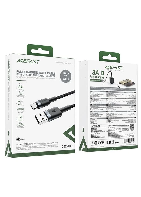 Кабель C22-04 USB – Type-C 3 А 1.2 м в нейлоновому обплетенні чорний Acefast (401877728)