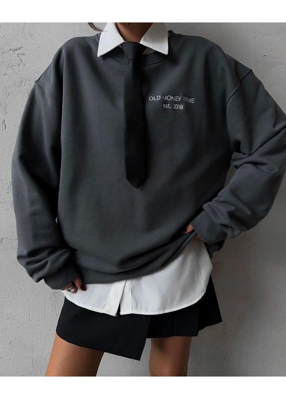 Сірий світшот жіночий old money — замір в описі DK/DL Мода без кордонів напис без декору (366527076)