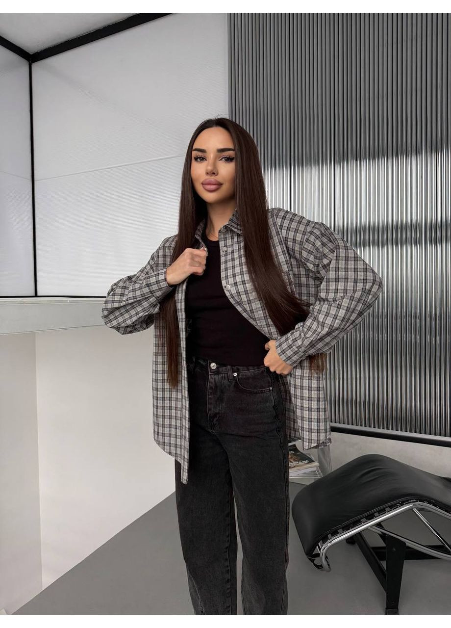 Серая повседневный, кэжуал рубашка в клетку No Brand с длинным рукавом