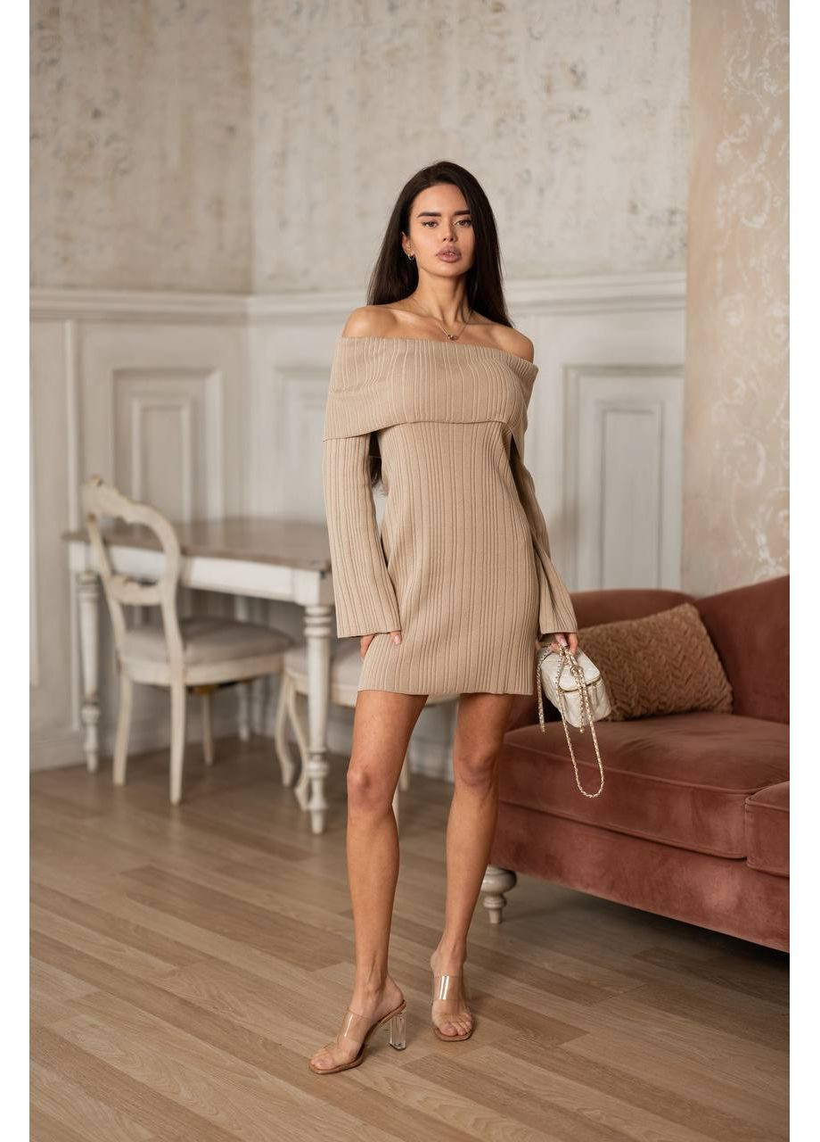 Бежева повсякденний жіноча в'язана сукня з відкритими плечима з відкритими плечима KaraMix однотонна