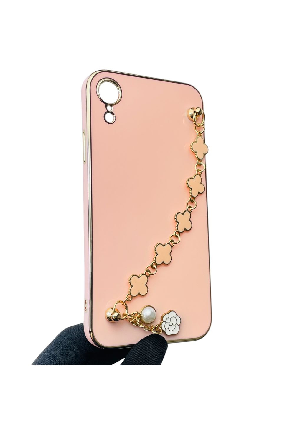 Чехол для телефона iPhone Xr женский с ремешком и украшениями и золотой окантовкой на айфон хр пудровый gs1 Apple (366232664)