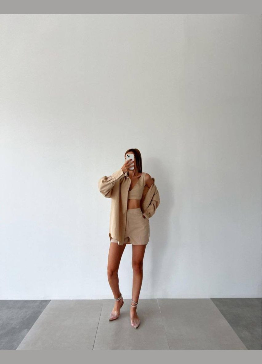 Шикарний літній ніжний костюм трійка з якісного льону, легкий бежевий прогулянковий костюм 3-ка (топ+сорочка+шорти) No Brand 511 (295349280)