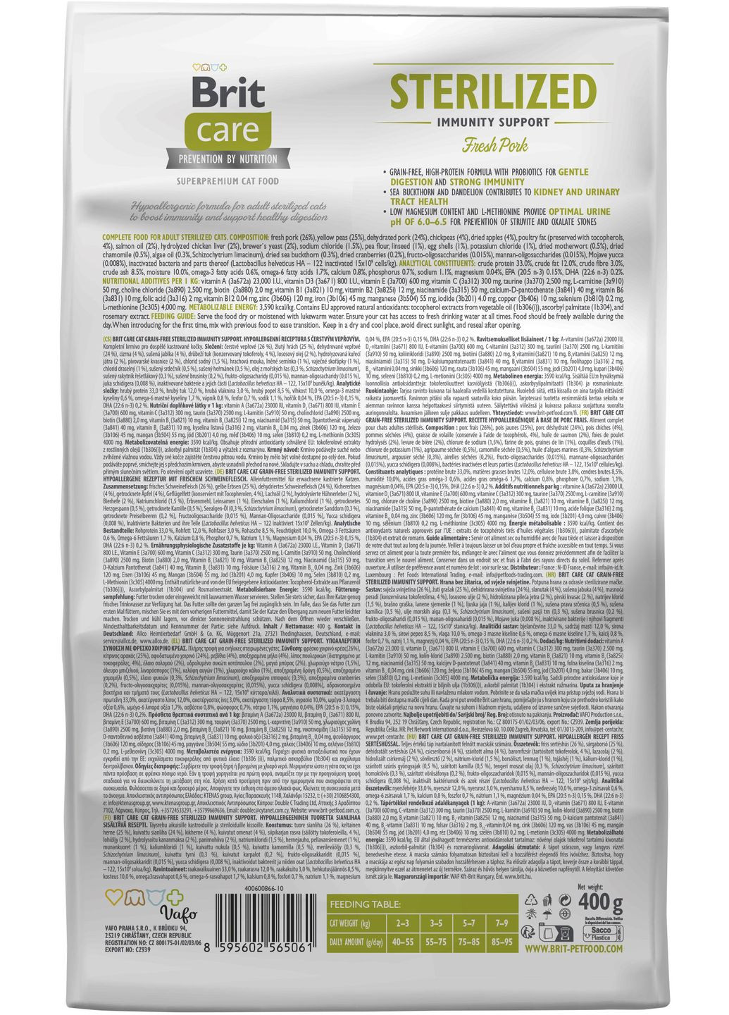 Сухий корм для стерилізованих кішок Cat GF Sterilized Immunity Support зі свининою 0.4 кг (8595602565061) Brit Care (307930395)