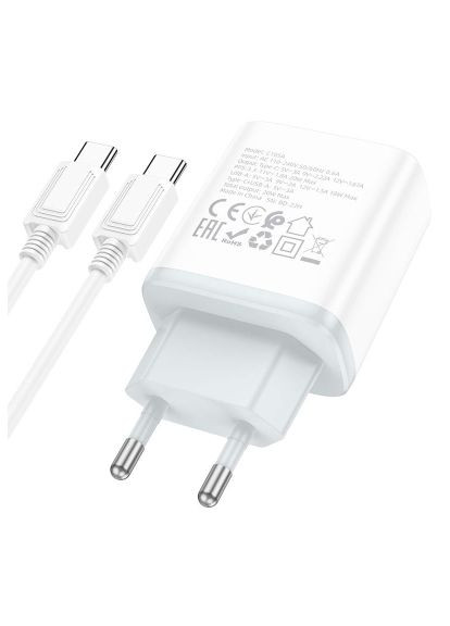 Зарядное устройство C105A Stage 1xUSB-C PD20W + 1xUSB QC3.0 + cable USB-C to USB-C White (6931474782922) Hoco C105A Stage 1xUSB-C PD20W + 1xUSB QC3.0 + cable US (369878321)