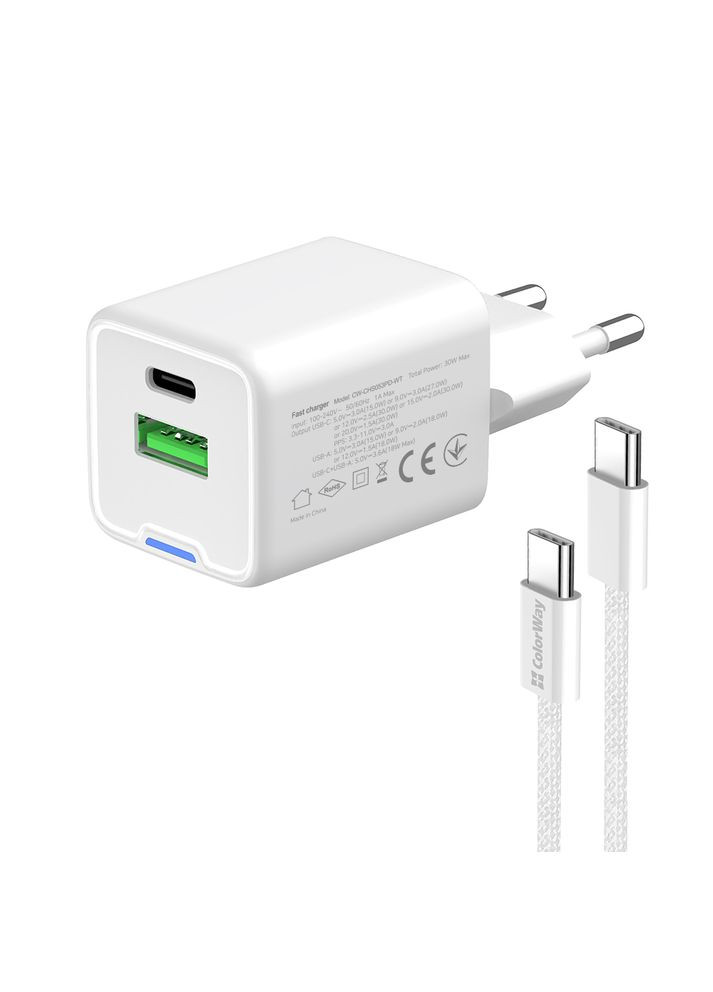 Сетевое зарядное устройство GaN Mini 30W PD Port PPS USB (Type-C PD + USB QC4.0) White (CW-CHS053PDC-WT) + кабель USB Type-C Colorway (336954265)