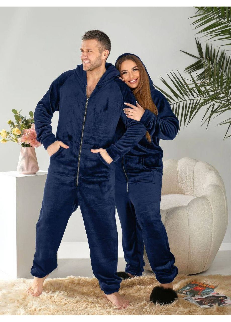 Комбінезон піжама унісекс плюш,прямого крою з капюшоном на блискавці Україна синій