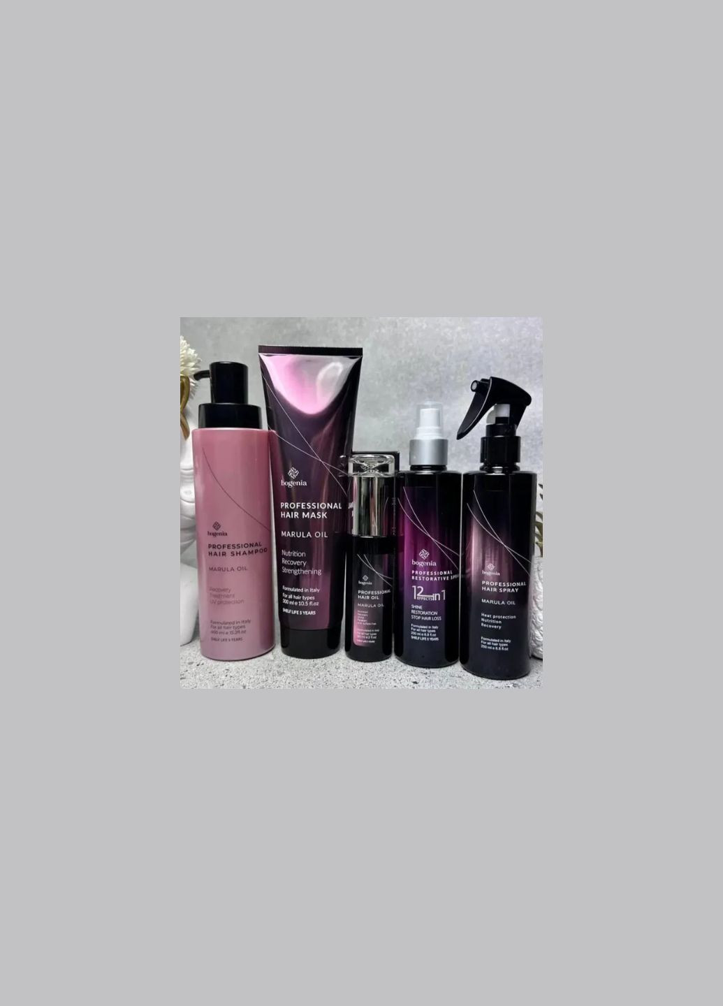 Набір: спрей, шампунь, олія, маска, термозахист Professional Hair Marula Oil Bogenia (267580145)