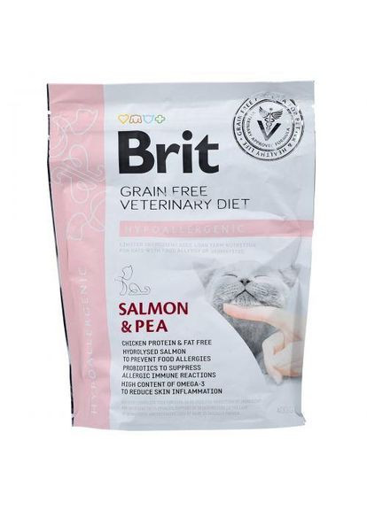 Сухий корм GF VetDiet Cat Hypoallergenic для котів, з харчовою алергією та непереносимістю, з лососем та горохом, 400 г (*) Brit (323153223)