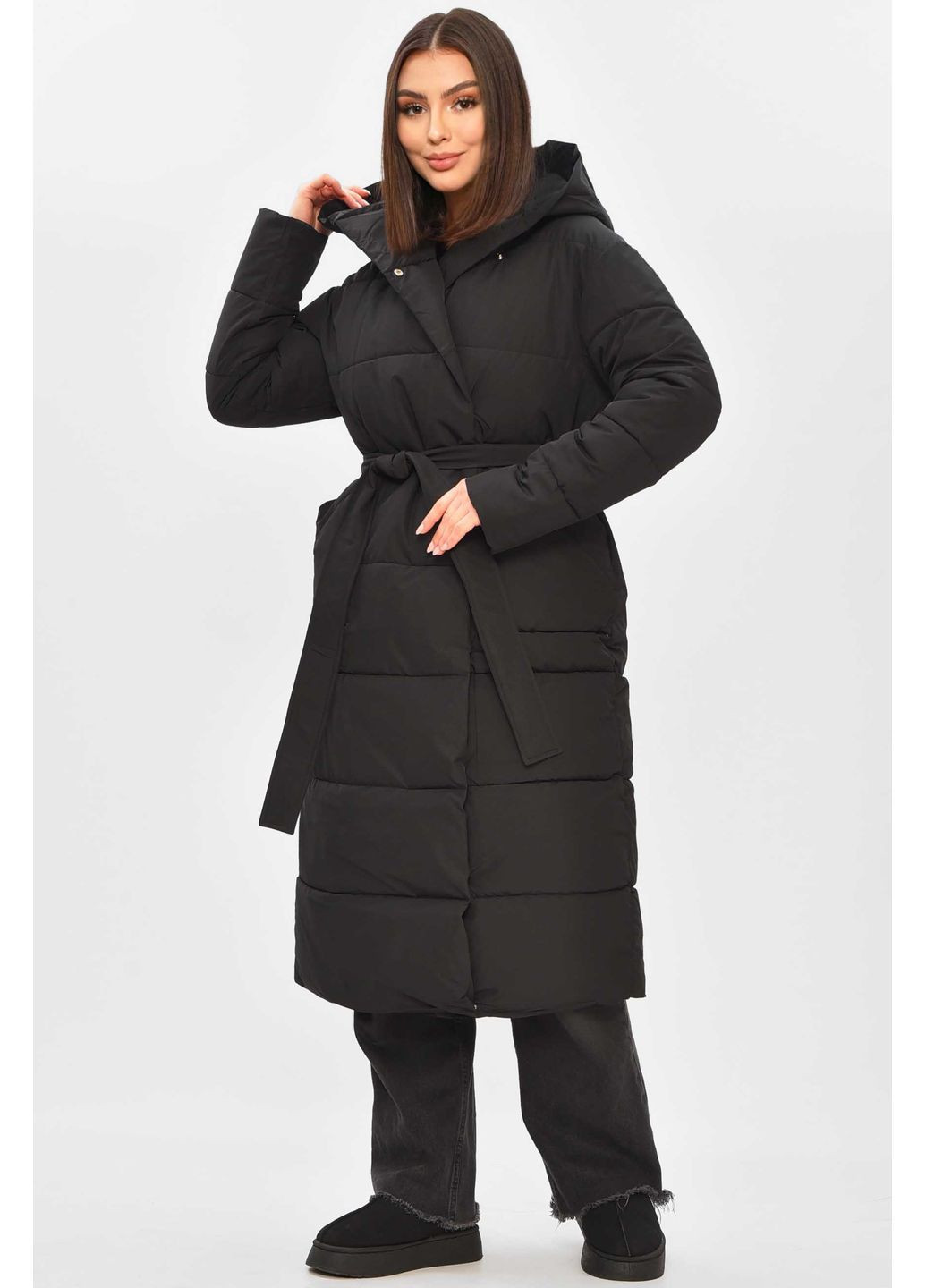 Темно-сіра зимня куртка жіноча подовжена зима чорного кольору Let's Shop