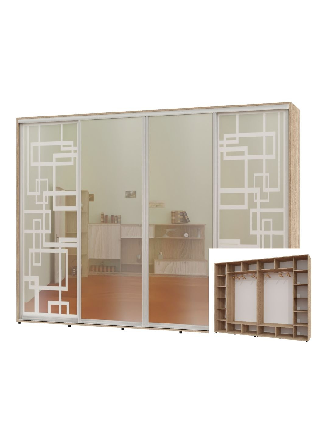 Шафа-купе чотиридверна 310*60*230 Дуб Сонома 2 Дзеркала з піскострумним малюнком/2 Дзеркала Алекса (360479456)