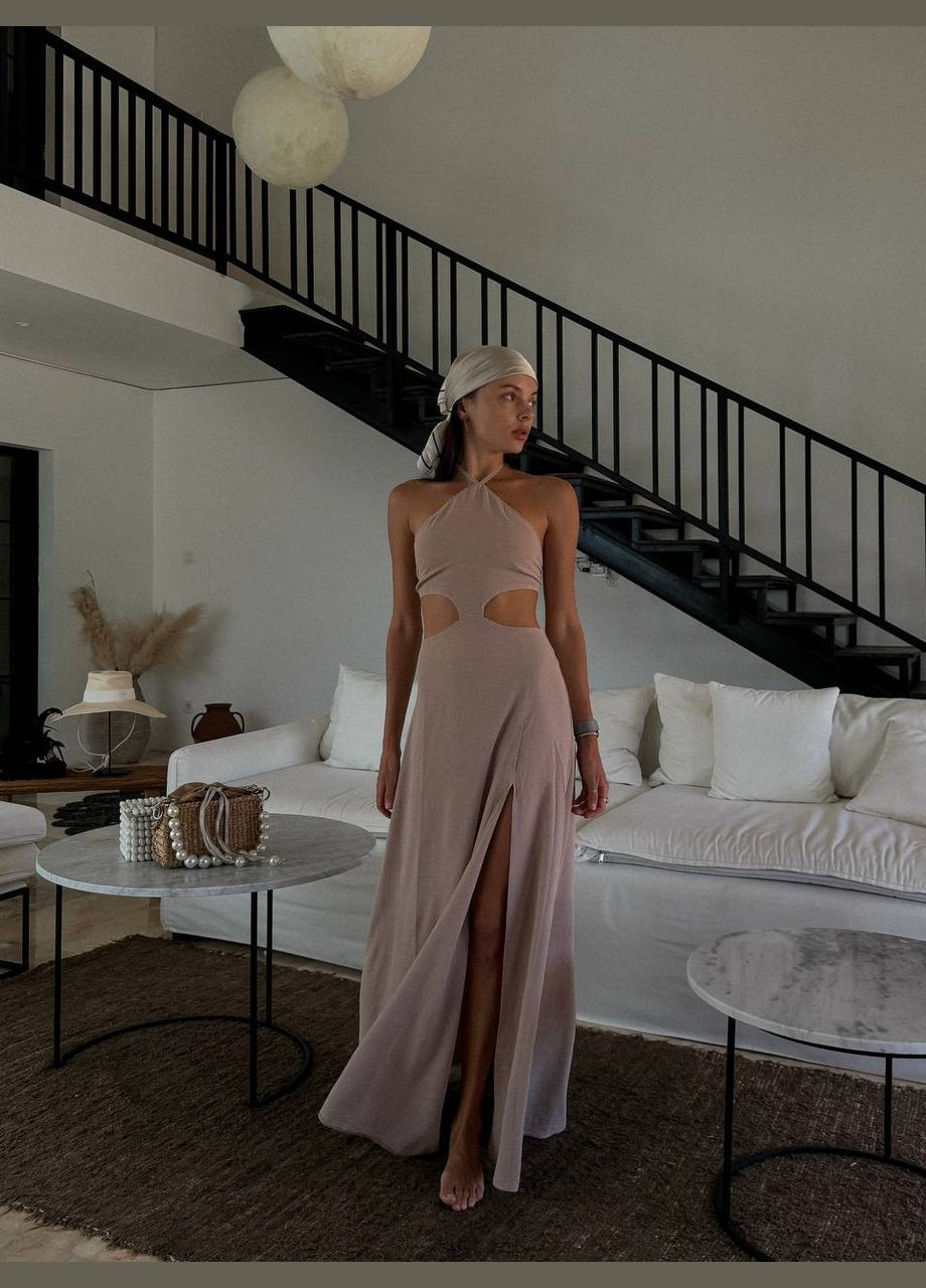 Бежевое праздничный, коктейльное, повседневный, кэжуал, вечернее платье макси с вырезами и разрезом с открытой спиной Україна