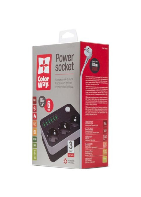 Мережевий фільтр Colorway CW-CHЕ36B, 3 розетки/6USB Black 1.8M (268143139)