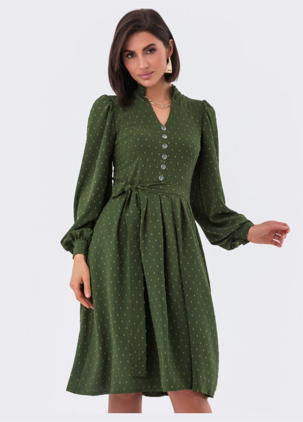 Оливковое (хаки) платье-клёш цвета хаки с декоративными пуговицами Dressa