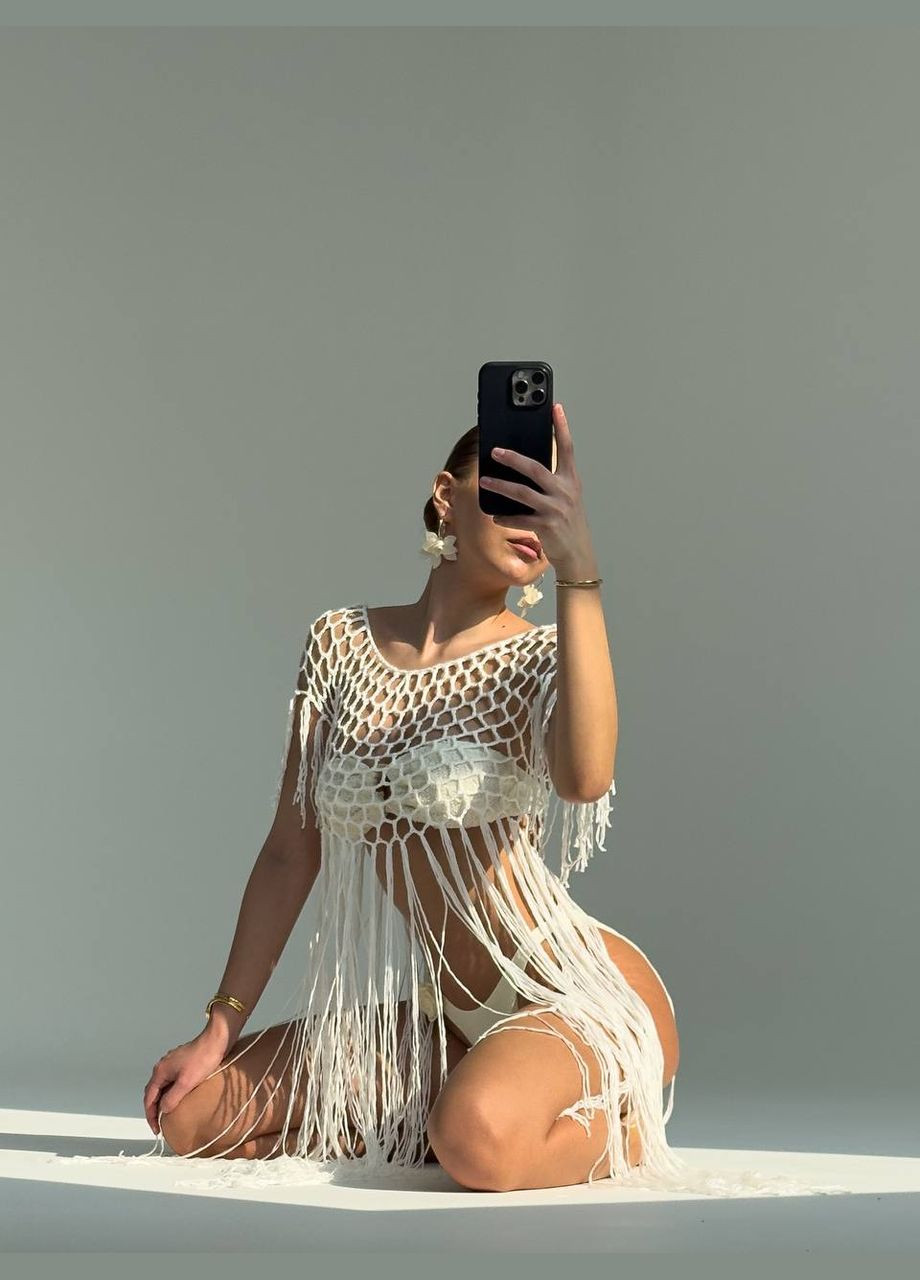 Женская пляжная белая черная накидка сетка с длинной бахромой No Brand (324804686)