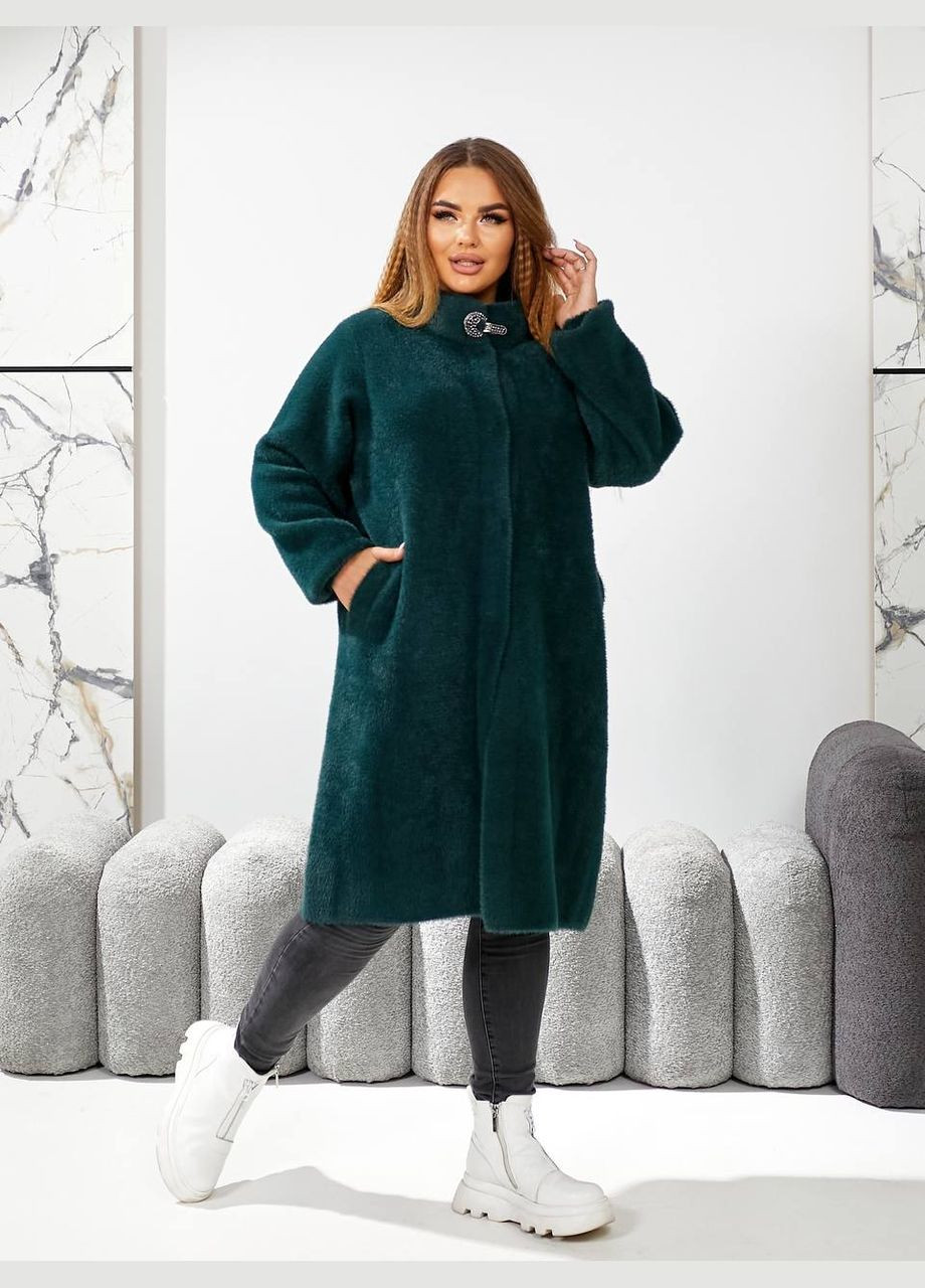 Темно-зеленое зимнее Удлиненное пальто из альпаки 50-56 размера оверсайз KVAN