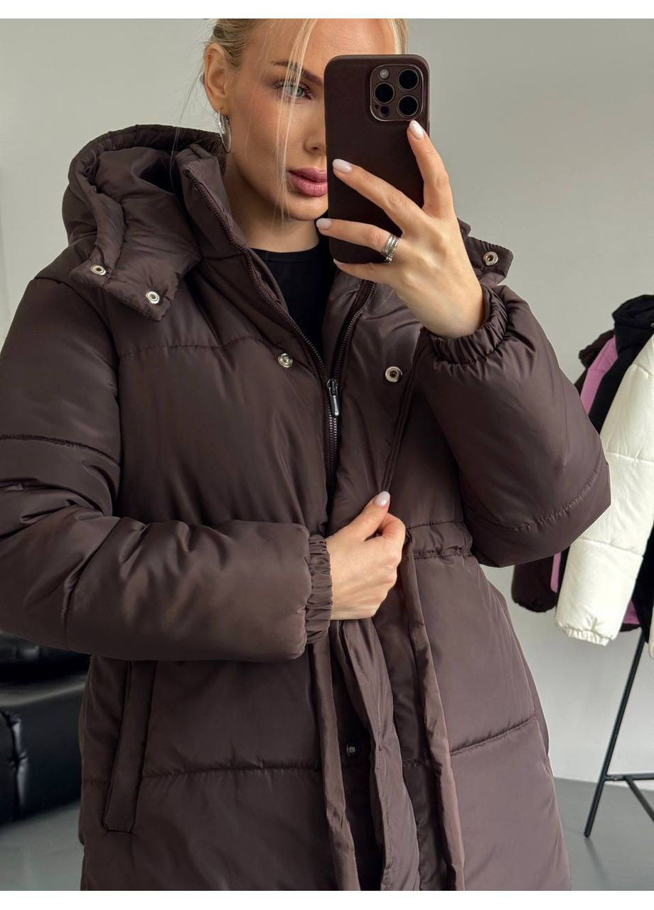 Коричневая зимняя женская теплая пуховая куртка с капюшоном No Brand