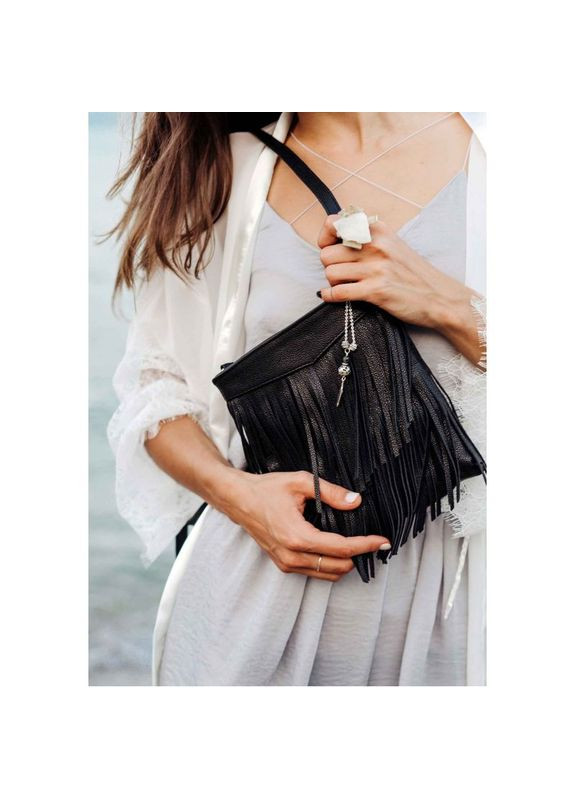 Жіноча шкіряна сумка через плече з бахромою міні кроссбоді Fleco Чорний BlankNote (302008748)